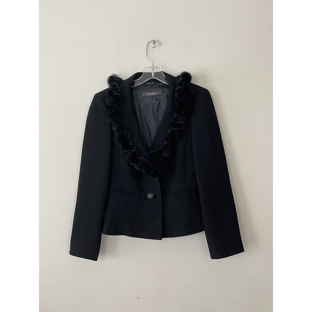 Max Mara Jacket Made In Italy Black Evening Blazer Fur Trim Classy Feminine READ